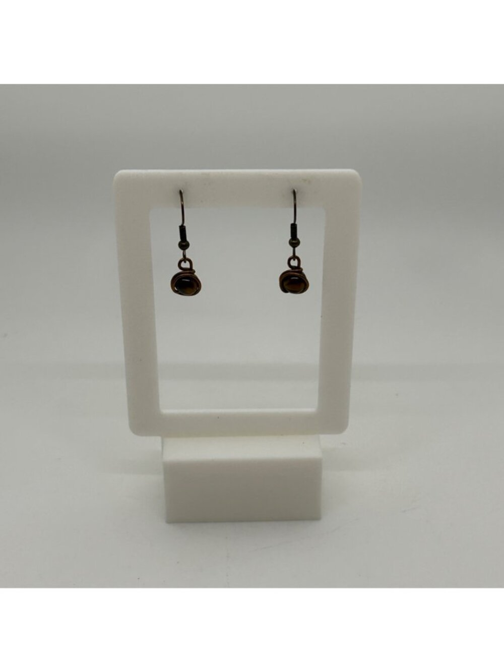 Handmade Tiger Eye Earrings, Bronze Tone Wire-Wrapped Gemstone Bead Dangle Drop - Picture 8 of 10